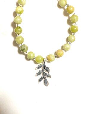Genuine Serpentine Short Necklace, Gemstone & Silver Leaf Branch Pendant